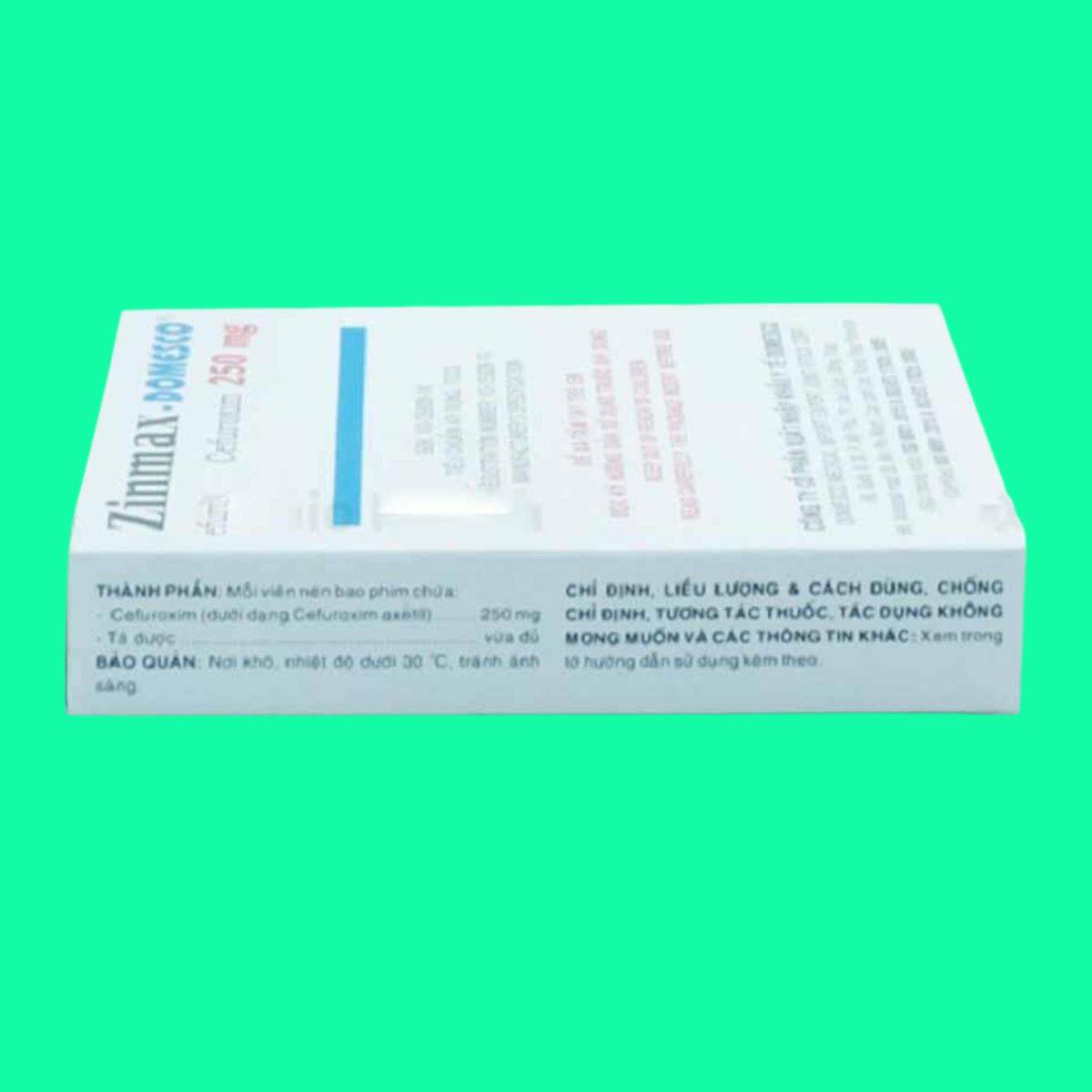 Zinmax-Domesco-250-7 Mặt sau hộp thuốc Zinmax - Domesco 250mg