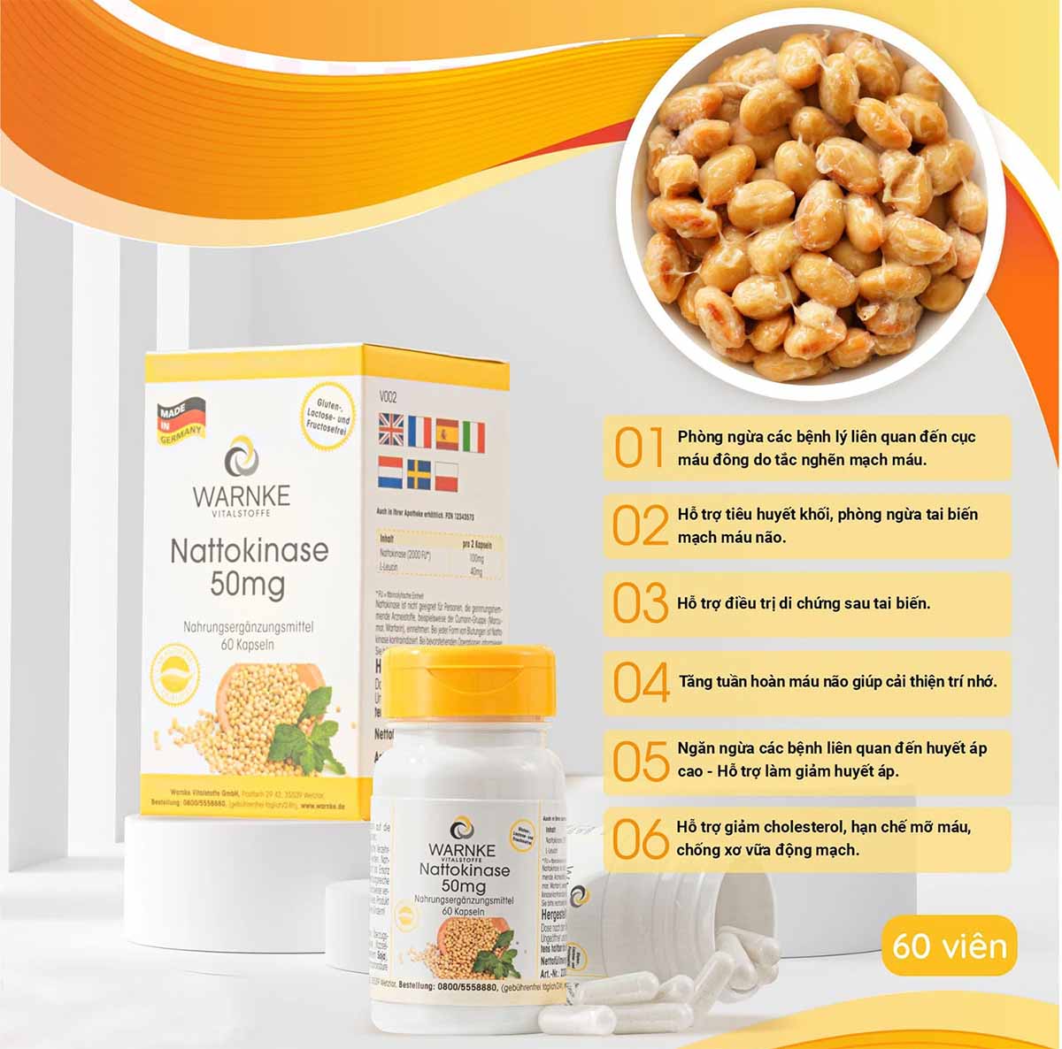 Warnke Nattokinase 50mg hỗ trợ tăng tuần hoàn máu não
