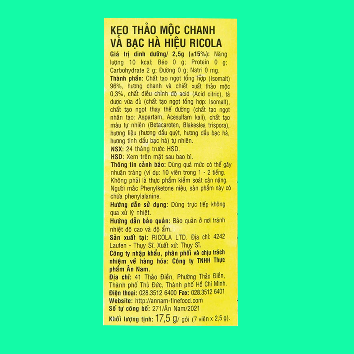 ricola-lemon-mint-sugar-free-175g-2 Kẹo ngậm không đường Ricola Lemon Mint (17.5g)