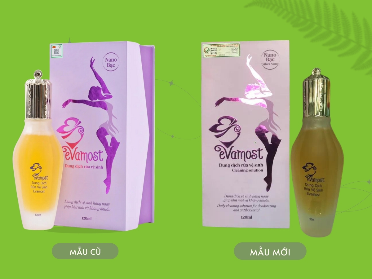 Hộp Dung dịch rửa vệ sinh Evamost cũ và mới