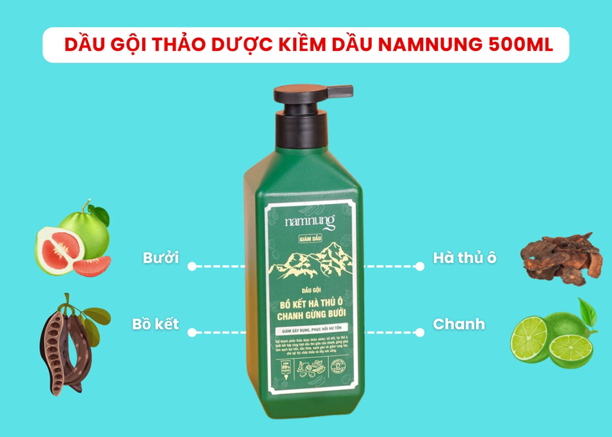 Dầu gội thảo dược kiềm dầu bồ kết hà thủ ô chanh gừng bưởi NamNung 500ml