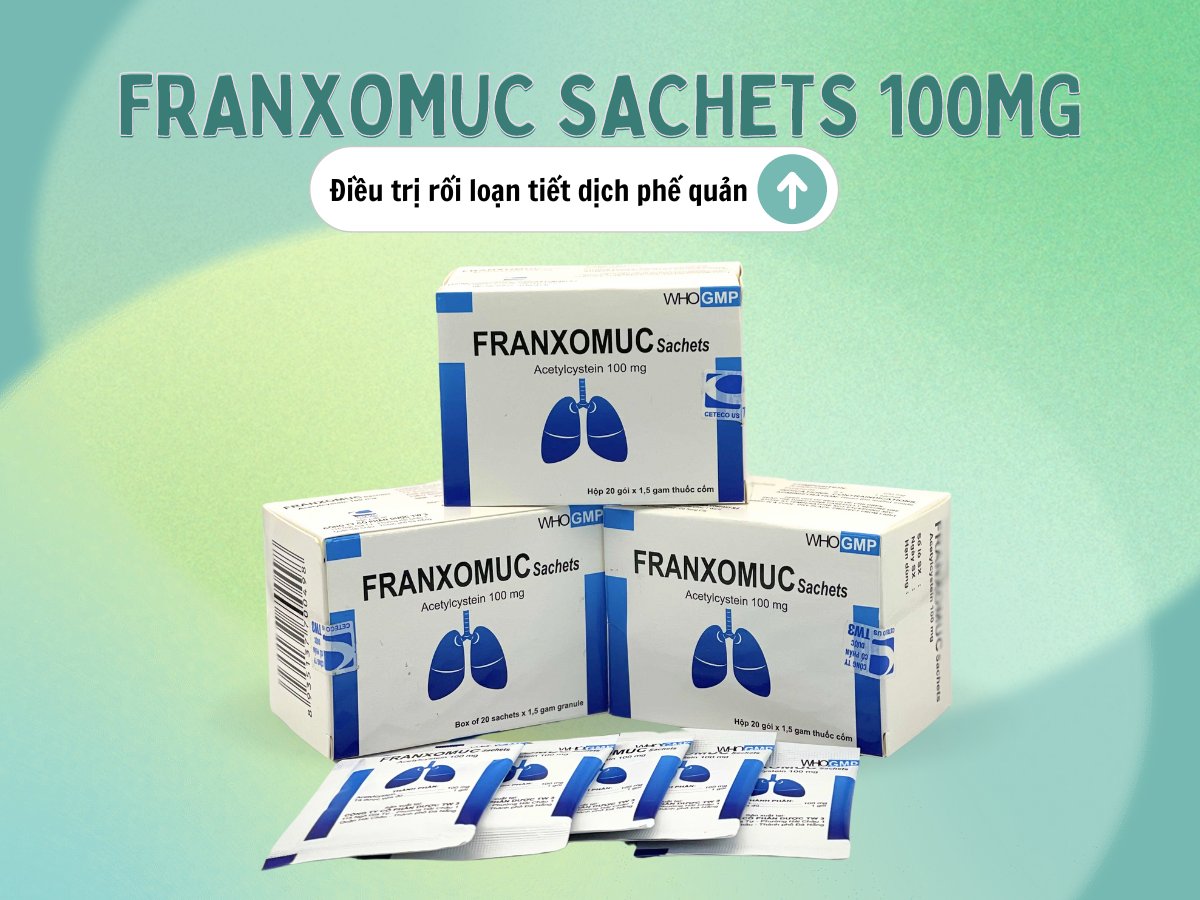 Franxomuc Sachets 100mg 7 Thuốc Franxomuc Sachets 100mg trị rối loạn tiết dịch phế quản