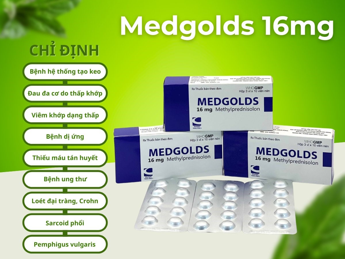 Medgolds 16mg 8 Thuốc Medgolds 16mg điều trị nhiều bệnh như viêm khớp dạng thấp, bệnh dị ứng,...