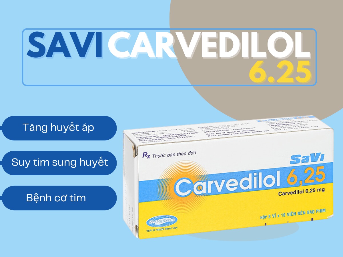 SaVi Carvedilol 6.25 10 Thuốc SaVi Carvedilol 6.25 điều trị huyết áp cao, suy tim sung huyết và bệnh cơ tim