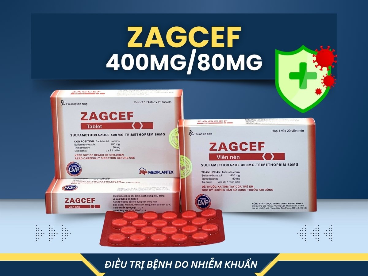 Zagcef 400mg/80mg 7 Thuốc Zagcef 400mg/80mg điều trị nhiễm khuẩn hô hấp và tiết niệu