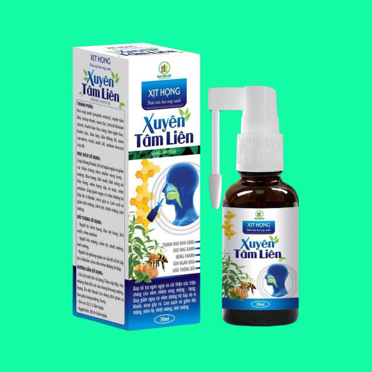 Xịt họng xuyên tâm liên keo ong xanh Nano bạc 30ml (1) Xịt họng xuyên tâm liên keo ong xanh Nano bạc 30ml