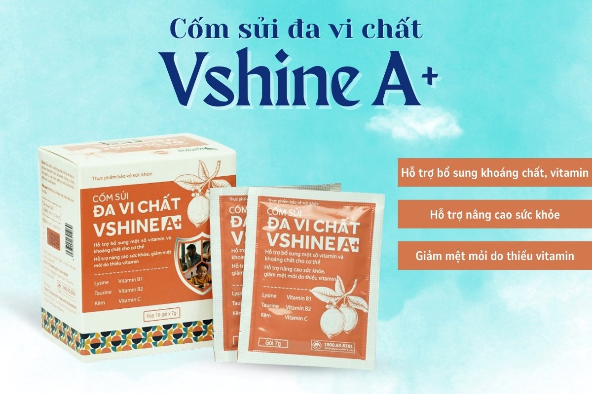 Cốm sủi đa vi chất Vshine A+ hỗ trợ bổ sung vitamin và khoáng chất, giúp tăng cường sức khỏe