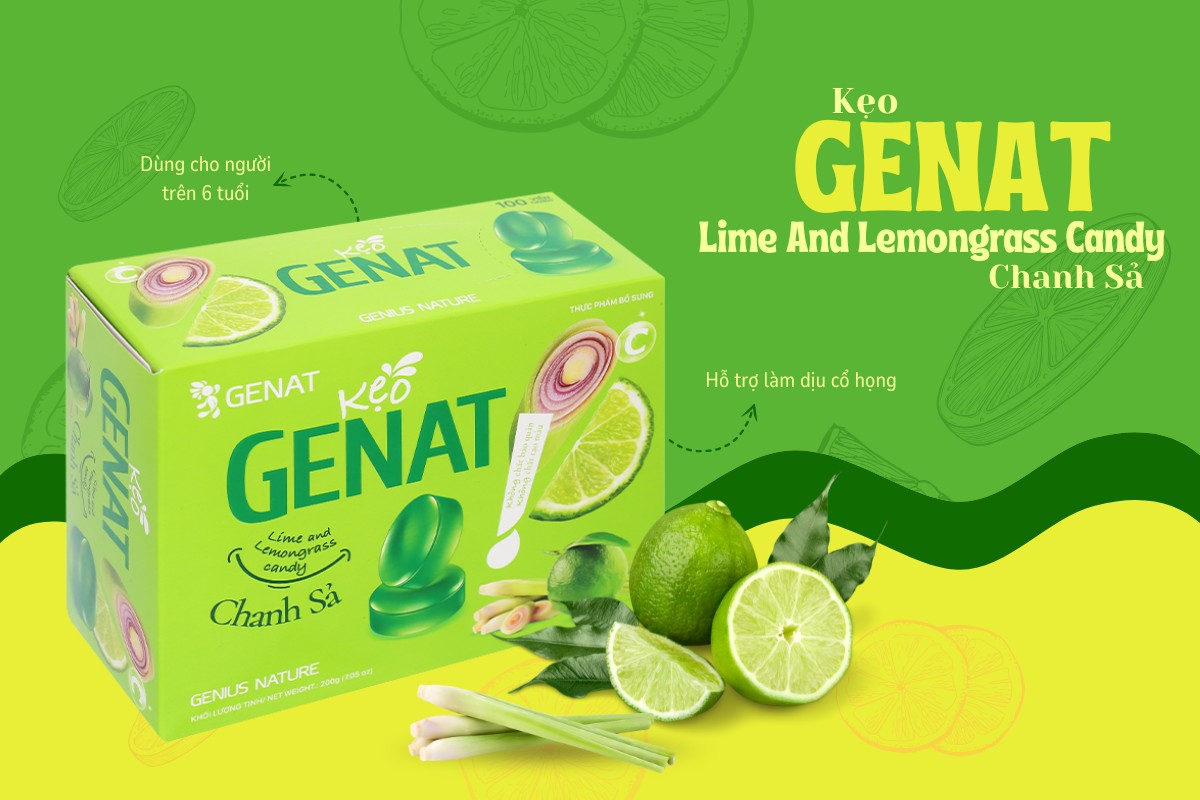 Kẹo Genat Lime And Lemongrass Candy Chanh Sả 12 Kẹo Genat Lime And Lemongrass Candy Chanh Sả hỗ trợ làm dịu cổ họng