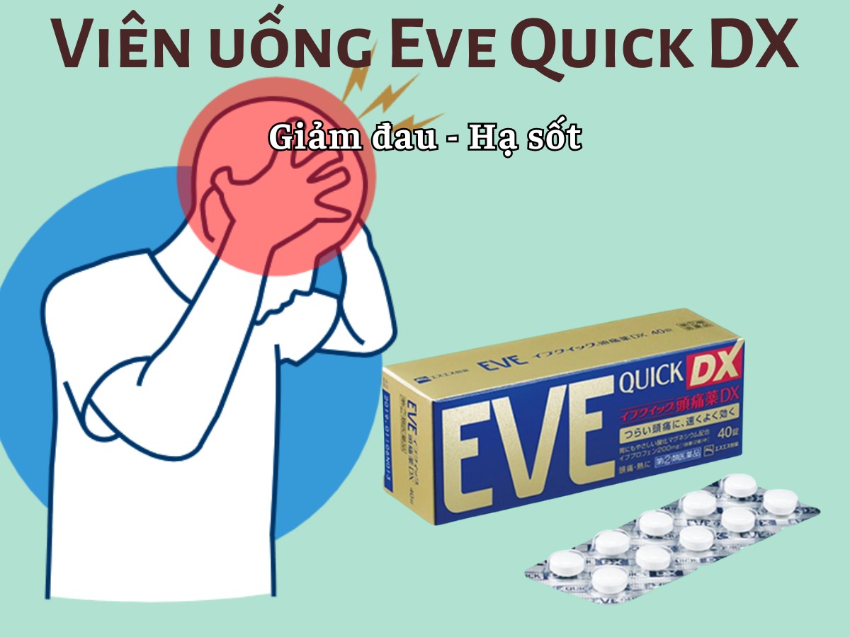 Viên uống Eve Quick DX 7 Viên uống Eve Quick DX là thuốc không kê đơn hỗ trợ giảm đau nhanh chóng, đặc biệt hữu ích trong các cơn đau đầu, đau bụng kinh và đau răng mà vẫn nhẹ nhàng với dạ dày.