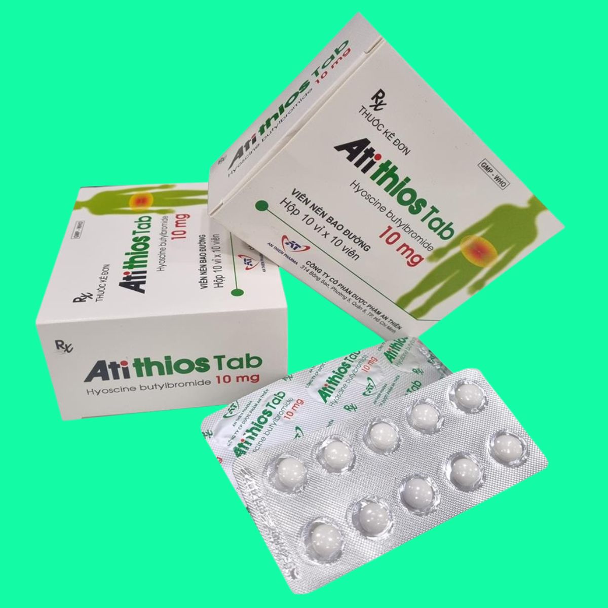 Atithios-Tab-2 Thuốc Atithios Tab 10mg có tác dụng giúp giảm co thắt cơ trơn tại đường tiêu hóa và tiết niệu - sinh dục