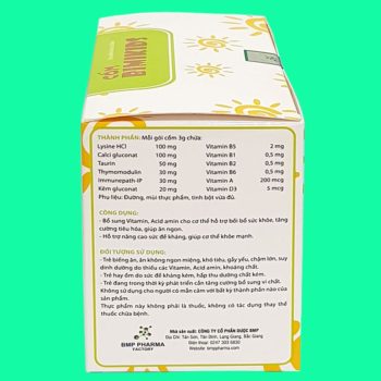 Cốm Bimikids có tác dụng hỗ trợ bổ sung vitamin và axit amin thiết yếu, hỗ trợ tăng cường sức khỏe tổng thể
