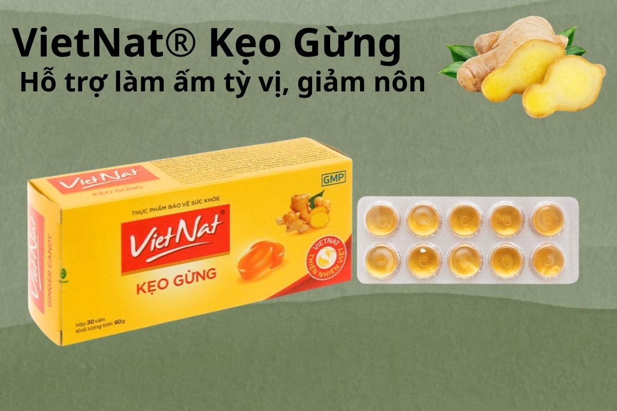 VietNat® Kẹo Gừng 9 VietNat® Kẹo Gừng hỗ trợ làm ấm tỳ vị, giảm nôn
