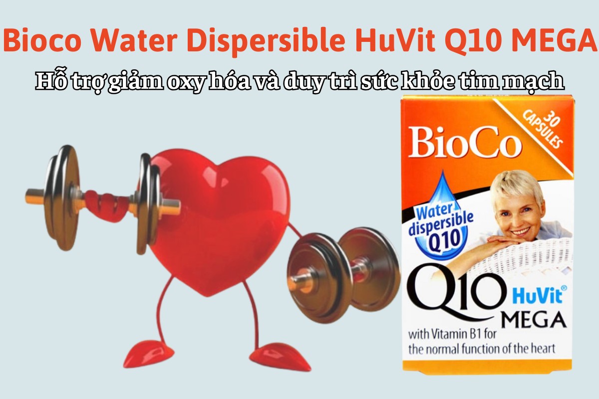 Bioco Water Dispersible HuVit Q10 MEGA 7 Bioco Water Dispersible HuVit Q10 MEGA hỗ trợ giảm oxy hóa trong cơ thể và duy trì sức khỏe tim mạch