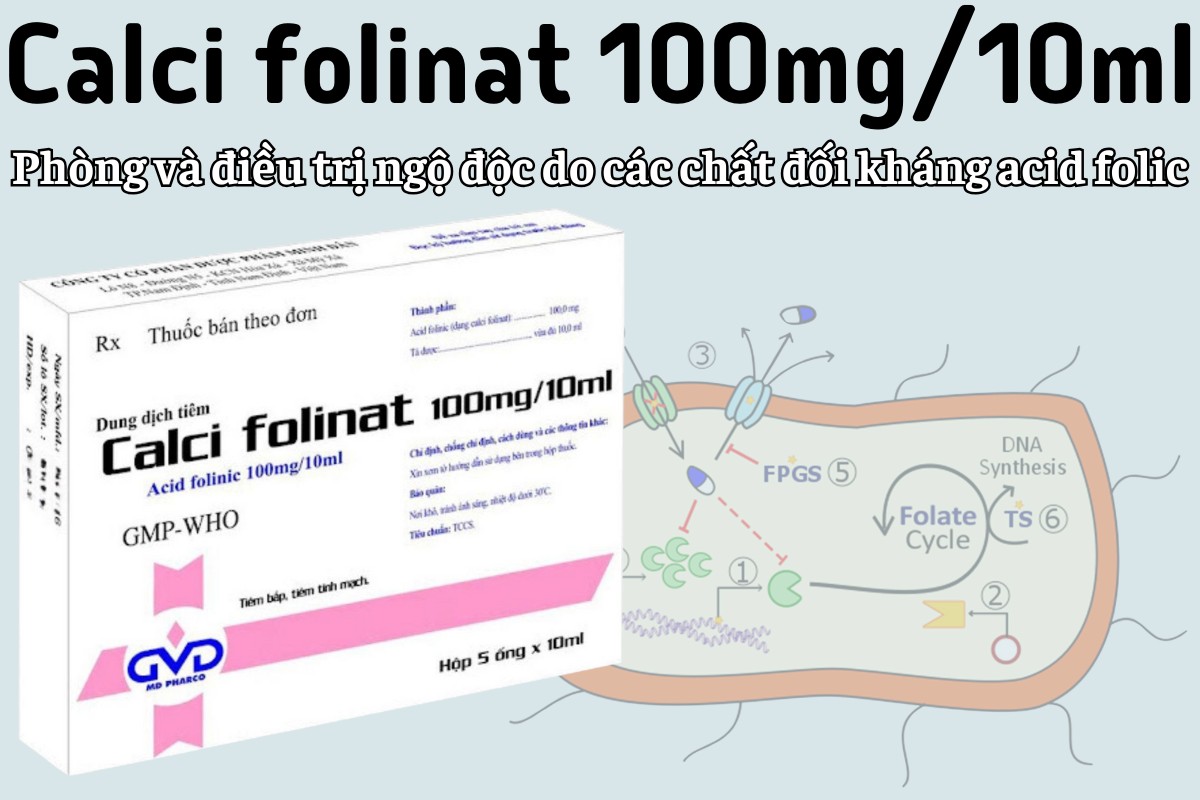 Calci folinat 100mg/10ml điều trị ngộ độc do các chất đối kháng acid folic