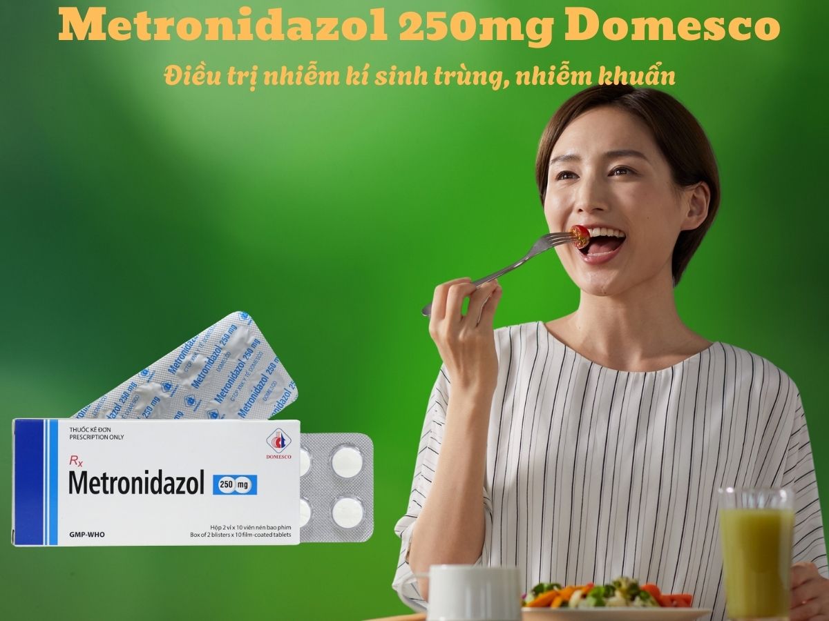 Metronidazol 250mg Domesco 9 Thuốc Metronidazol 250mg Domesco có tác dụng điều trị nhiễm khuẩn nặng do vi khuẩn kỵ khí