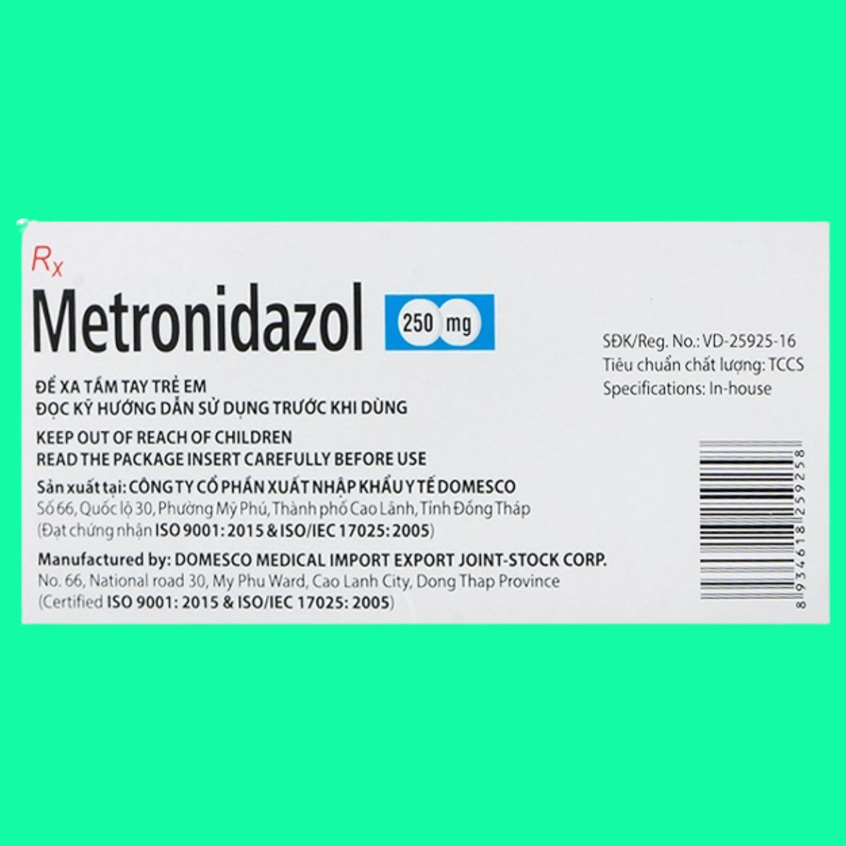 Metronidazol-250mg-Domesco-3 Thuốc Metronidazol 250mg Domesco có tác dụng điều trị nhiễm khuẩn nặng do vi khuẩn kỵ khí