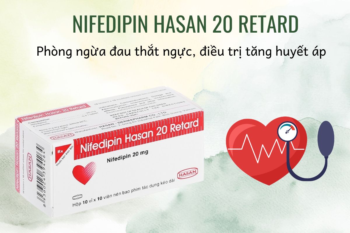Nifedipin Hasan 20 Retard 10 Nifedipin Hasan 20 Retard điều trị cao huyết áp, đau thắt ngực