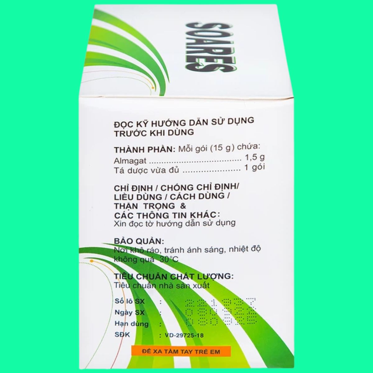 Soares-2 Hỗn dịch uống Soares 1,5g có tác dụng điều trị viêm loét dạ dày hoặc tá tràng