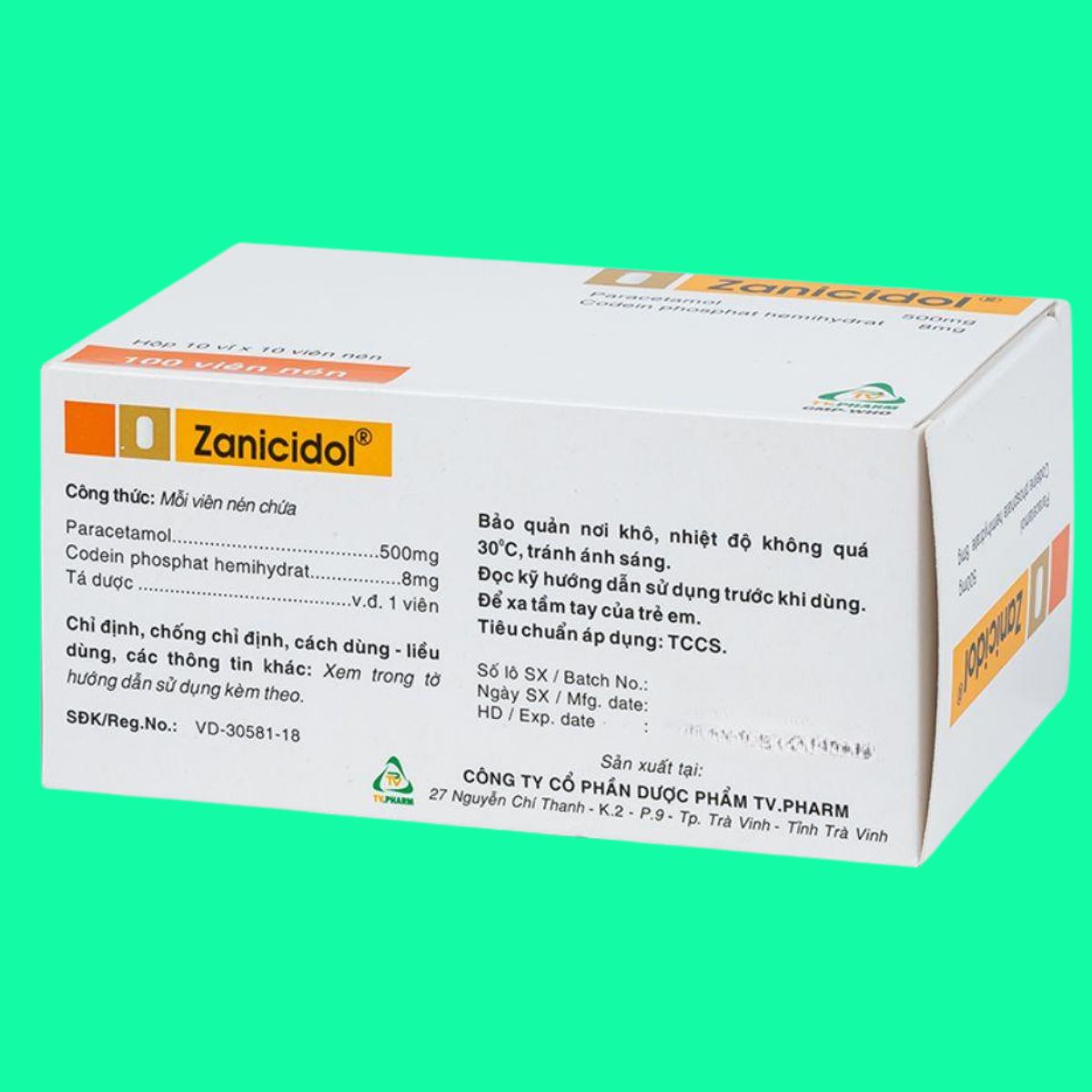 Zanicidol-500mg-TV-Pharm-4 Thuốc Zanicidol 500mg/8mg có tác dụng giúp điều trị các cơn đau vừa và hạ sốt