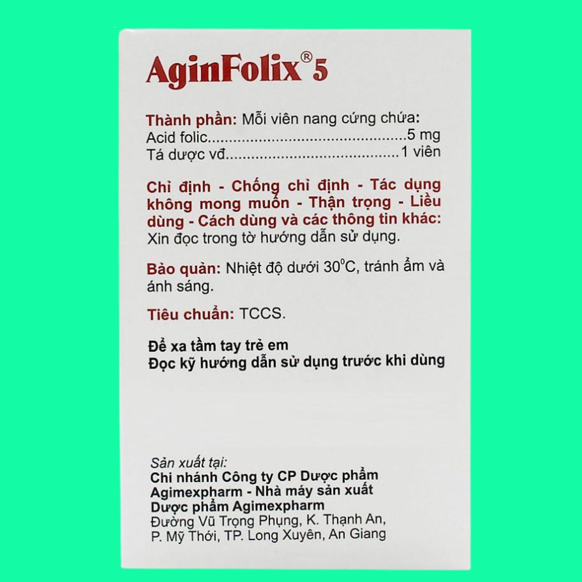 Aginfolix-5-3 Thuốc Aginfolix 5 (10 vỉ) giúp bổ sung acid folic ở người bị thiếu máu huyết