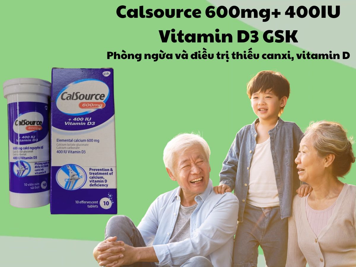 Calsource 600mg+ 400IU Vitamin D3 GSK 8 Thuốc Calsource 600mg+ 400IU Vitamin D3 GSK có tác dụng phòng và hỗ trợ điều trị loãng xương