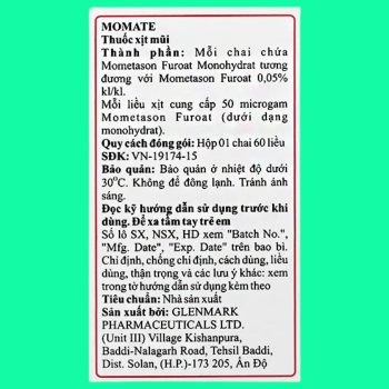 Momate 50mcg Glenmark 6 Thuốc xịt mũi Momate 50mcg Glenmark - Giảm triệu chứng viêm mũi dị ứng