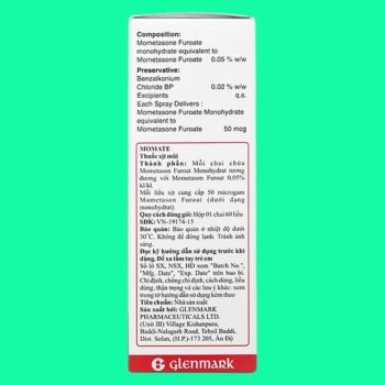 Momate 50mcg Glenmark 5 Thuốc xịt mũi Momate 50mcg Glenmark - Giảm triệu chứng viêm mũi dị ứng