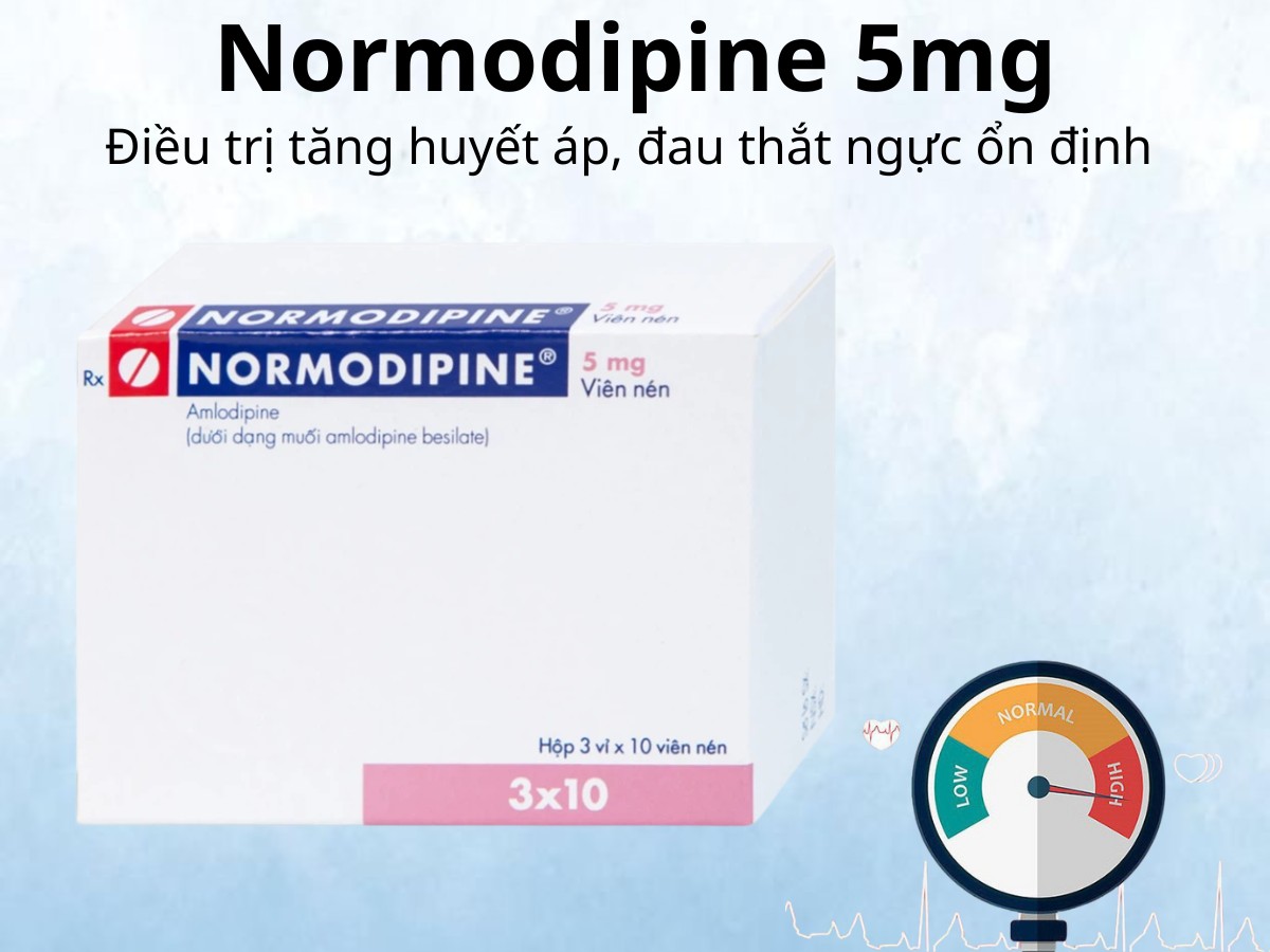 Normodipine 5mg điều trị tăng huyết áp, đau thắt ngực ổn định