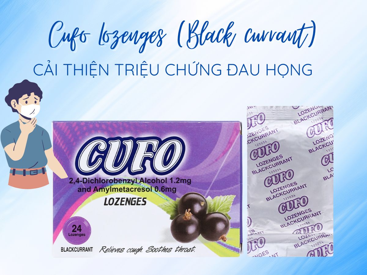 Thuốc Cufo Lozenges (Black currant) giảm đau rát họng và nhiễm khuẩn hầu họng