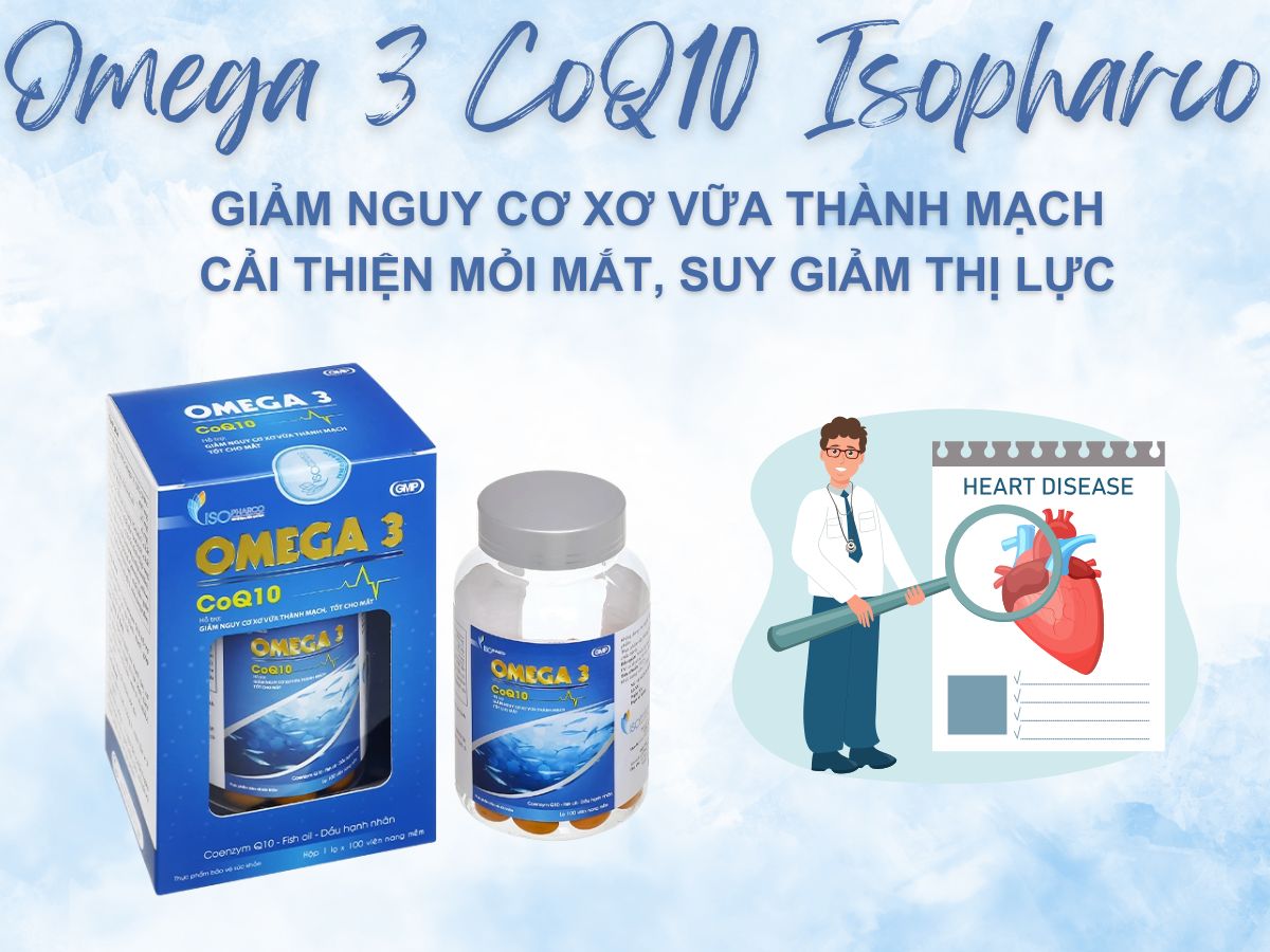 Omega 3 CoQ10 Isopharco 10 Omega 3 CoQ10 Isopharco giảm thiểu nguy cơ xơ vữa động mạch