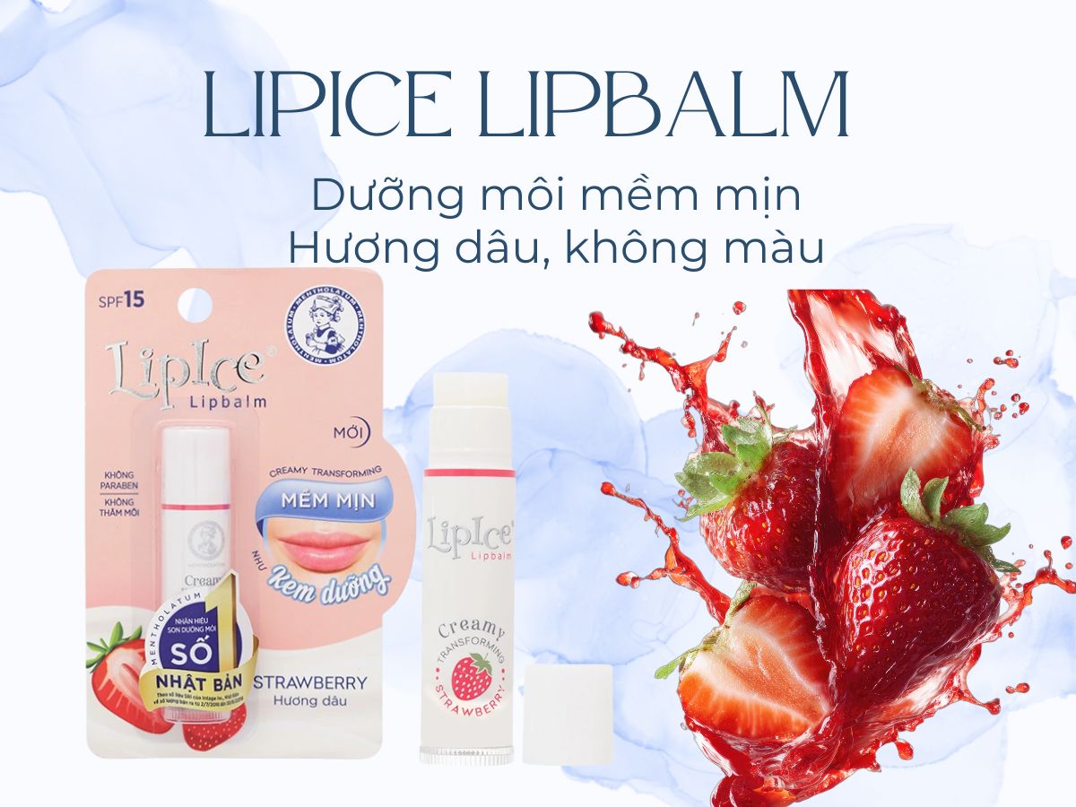 LipIce Lipbalm (Không màu, hương dâu) 9 LipIce Lipbalm cung cấp dưỡng chất nuôi dưỡng và làm mềm môi