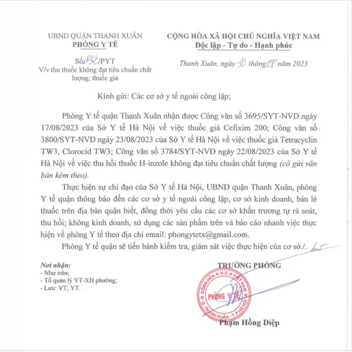 Công văn số 132 ngày 30/08/2023 về việc thu hồi thuốc không đạt tiêu chuẩn chất lượng, thuốc giả