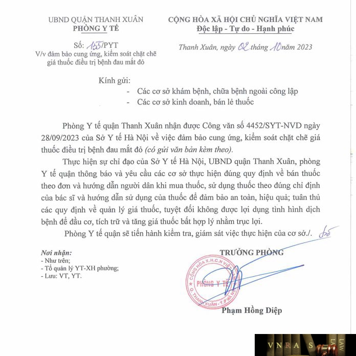 Công văn số 155/PYT Phòng y tế Quận Thanh Xuân ngày 02 tháng 10 năm 2023 về việc đảm bảo cung ứng, kiểm soát chặt chẽ giá thuốc điều trị bệnh đau mắt đỏ