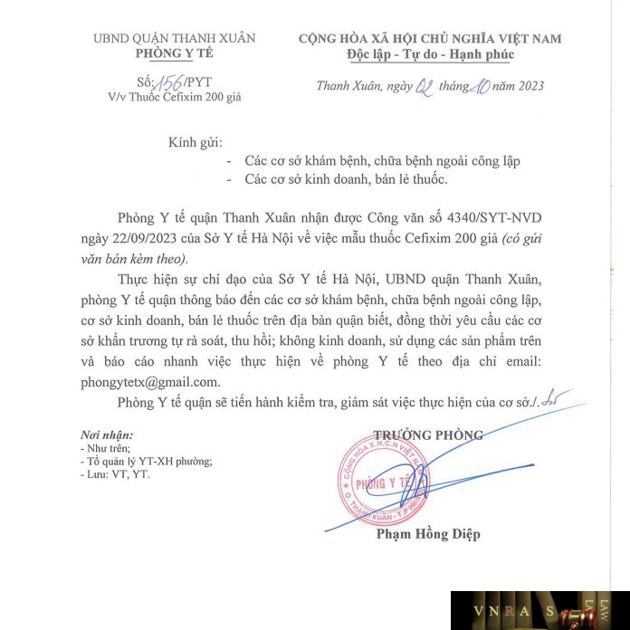 Cong van so 156 PYT Phong y te Quan Thanh Xuan ngay 02 thang 10 Công văn số 156/PYT Phòng y tế Quận Thanh Xuân ngày 02 tháng 10 năm 2023 về việc Thuốc Cefixim 200 giả