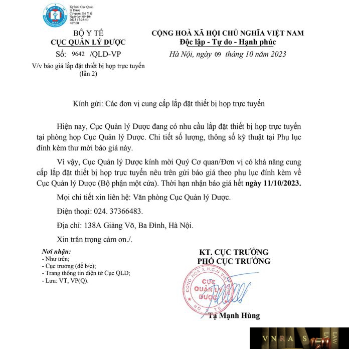 Công văn số 9642/QLD-VP ngày 09/10/2023 của Cục Quản lý Dược về việc báo giá lắp đặt thiết bị họp trực tuyến (lần 2) Công văn số 9642/QLD-VP ngày 09/10/2023 của Cục Quản lý Dược về việc báo giá lắp đặt thiết bị họp trực tuyến (lần 2)