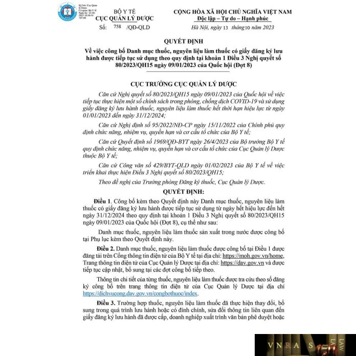 Quyet dinh so 758 QD QLD ngay 13-10-2023 cua Cuc Quan ly Duoc ve Hm88 link đăng nhập số 758/QĐ-QLD ngày 13/10/2023 của Cục Quản lý Dược về việc công bố Danh mục thuốc, nguyên liệu làm thuốc có giấy đăng ký lưu hành được tiếp tục sử dụng theo quy định tại khoản 1 Điều 3 Nghị quyết số 80/2023/QH15 ngày 09/01/2023 của Quốc hội (Đợt 8)