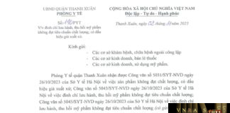 Công văn số 190/PYT Phòng y tế Quận Thanh Xuân ngày 02 tháng 11 năm 2023 về việc đình chỉ lưu hành, thu hồi mỹ phẩm không đạt tiêu chuẩn chất lượng; có dấu hiệu giả xuất xứ