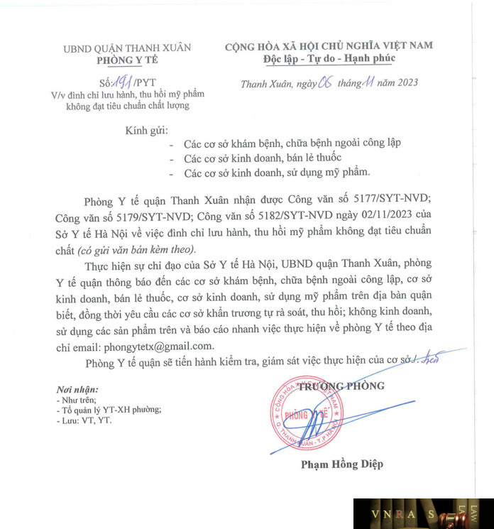 Công văn số 191/PYT Phòng y tế Quận Thanh Xuân ngày 06 tháng 11 năm 2023 về việc đình chỉ lưu hành, thu hồi mỹ phẩm không đạt tiêu chuẩn chất lượng