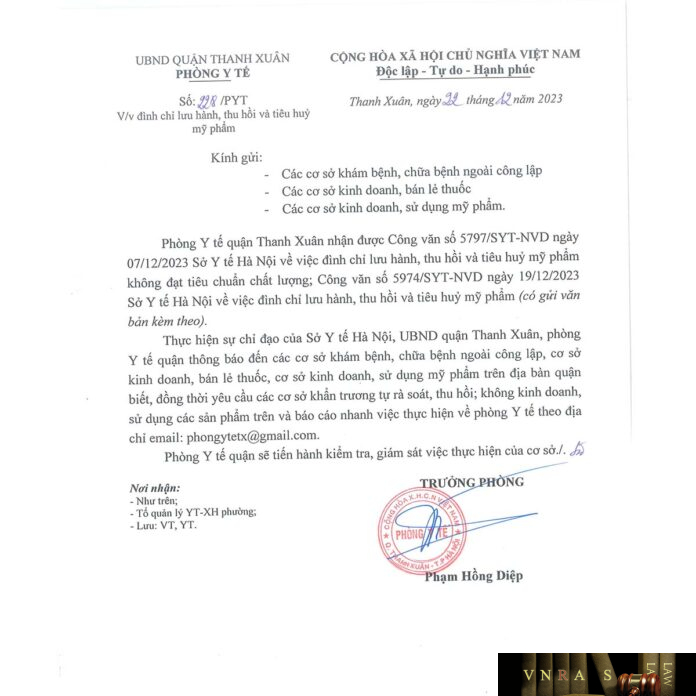 Công văn số 5797/SYT-NVD ngày 07/12/2023 Hm88.com vn lì xì hội viên mới Hà Nội về việc đình chỉ lưu hành, thu hồi và tiêu huỷ mỹ phẩm không đạt tiêu chuẩn chất lượng