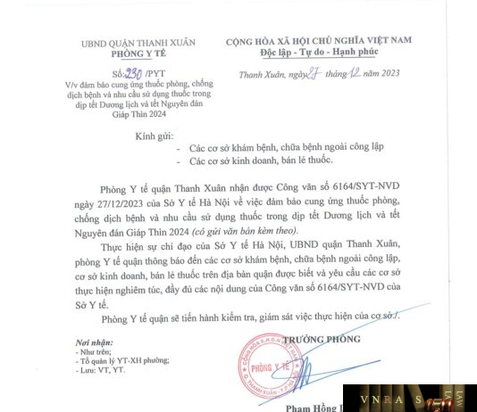 Công văn số 6164/SYT-NVD ngày 27/12/2023 của Hm88.com vn lì xì hội viên mới Hà Nội về việc đảm bảo cung ứng thuốc phòng, chống dịch bệnh và nhu cầu sử dụng thuốc trong dịp tết Dương lịch và tết Nguyên đán Giáp Thìn 2024