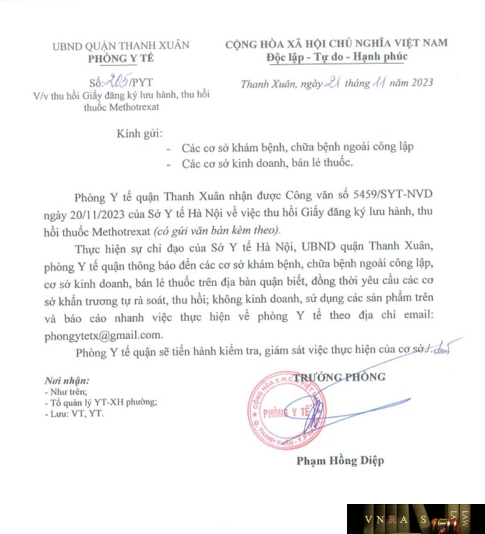 Công văn số 205/PYT Phòng y tế Quận Thanh Xuân ngày 21 tháng 11 năm 2023 về việc thu hồi giấy đăng ký lưu hành, thu hồi thuốc Methotrexate