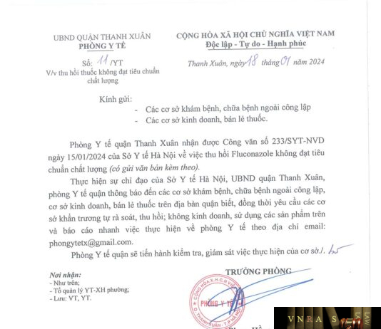 Công văn số 233/SYT-NVD ngày 15/01/2024 của Hm88.com vn lì xì hội viên mới TP Hà Nội về việc thu hồi thuốc Fluconazole do Công ty Kausikh Therapeutics (P) Ltd. (India) Hm88i.com Sòng bài trực tuyến không đạt tiêu chuẩn chất lượng