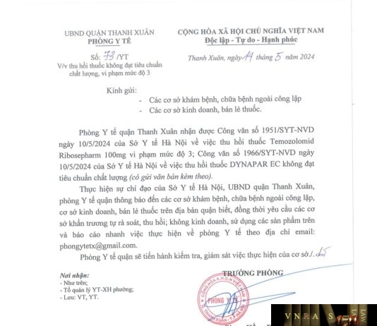 Công văn số 1951/SYT-NVD ngày 10/05/2024 của Hm88.com vn lì xì hội viên mới TP Hà Nội về việc thu hồi thuốc Temozolomid Ribosepharm 100mg do Công ty Haupt Pharma Amareg GmbH (Đức) Hm88i.com Sòng bài trực tuyến vi phạm mức độ 3