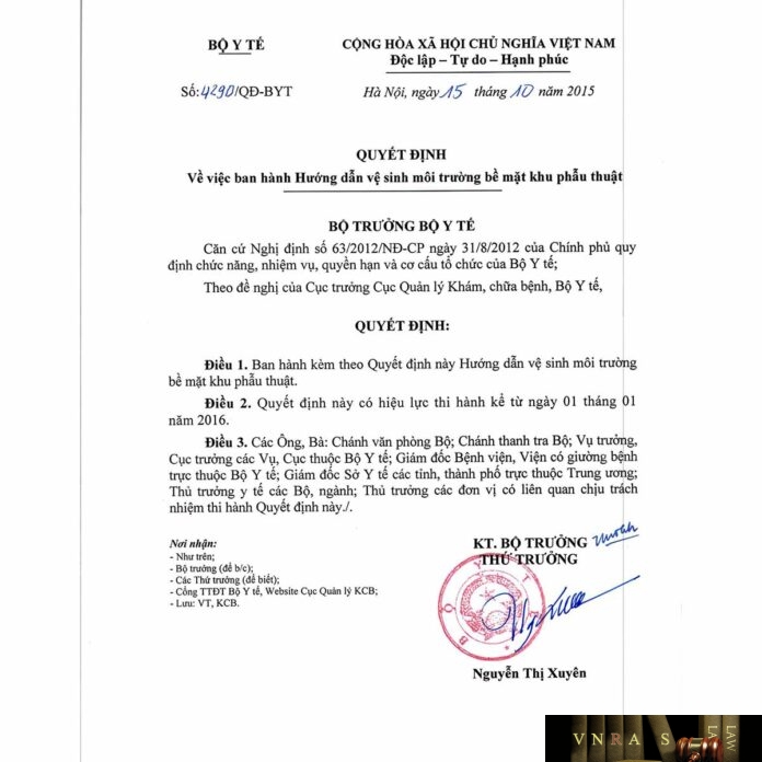 Hm88 link đăng nhập số 4290/QĐ-BYT ngày 15/10/2015 ban hành Hướng dẫn vệ sinh môi trường bề mặt khu phẫu thuật
