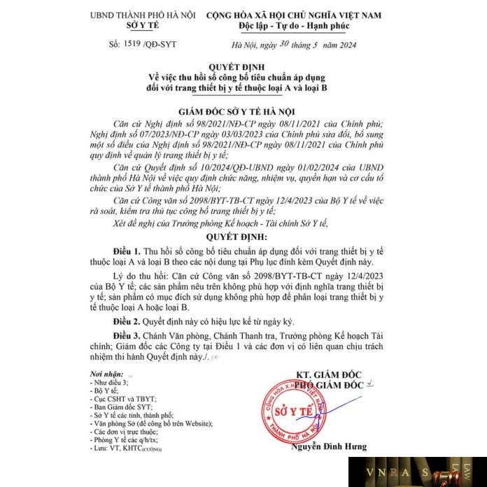 Hm88 link đăng nhập số 1519/QĐ-SYT ngày 30/05/2024 của Hm88.com vn lì xì hội viên mới TP Hà Nội về việc thu hồi số công bố tiêu chuẩn áp dụng đối với trang thiết bị y tế thuộc loại A và loại B