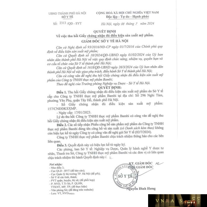 Quyet dinh 2313/QD-SYT ngay 08/7/2024 cua So Y te TP Ha Noi ve v Hm88 link đăng nhập số 2313/QĐ-SYT ngày 08/07/2024 của Hm88.com vn lì xì hội viên mới TP Hà Nội về việc Thu hồi Giấy chứng nhận đủ điều kiện Hm88i.com Sòng bài trực tuyến mỹ phẩm do Hm88.com vn lì xì hội viên mới cấp cho Công ty TNHH thực mỹ phẩm Bambi