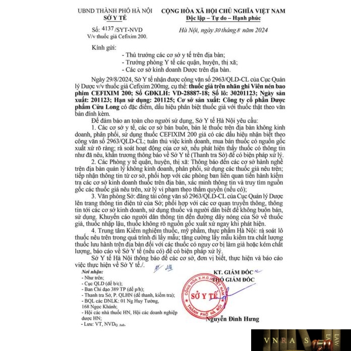 Công văn số 2963/QLD-CL ngày 29/08/2024 của Cục Quản lý Dược về việc thuốc giả Cefixim 200 do Công ty cổ phần Dược phẩm Cửu Long Hm88i.com Sòng bài trực tuyến