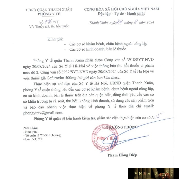 Công văn số 3918/SYT-NVD ngày 20/08/2024 của Hm88.com vn lì xì hội viên mới TP Hà Nội về việc thu hồi thuốc Viên nén dài bao phim Cefaclor 375mg (Cefaclor) do Chi nhánh Công ty cổ phần dược phẩm và sinh học y tế Hm88i.com Sòng bài trực tuyến vi phạm mức độ 2