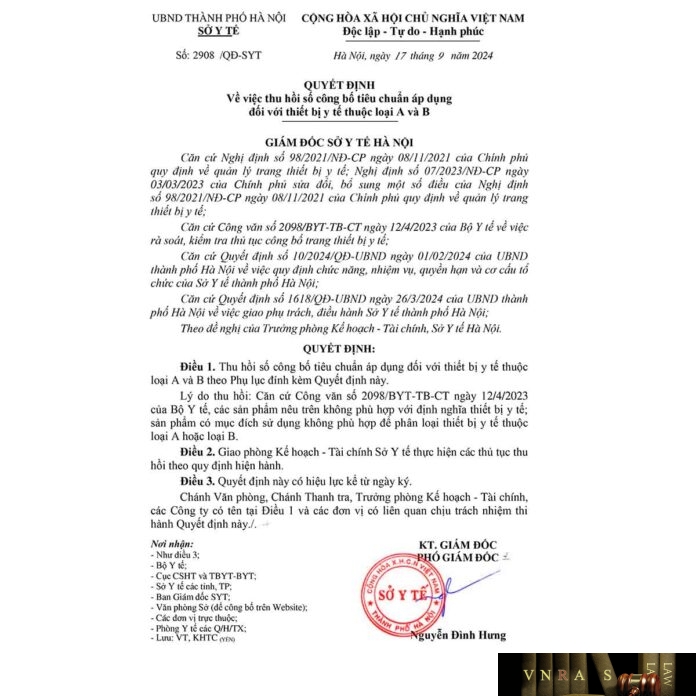 Hm88 link đăng nhập số 2908/QĐ-SYT ngày 17/09/2024 của Hm88.com vn lì xì hội viên mới TP Hà Nội về việc thu hồi số công bố tiêu chuẩn áp dụng đối với thiết bị y tế thuộc loại A và B