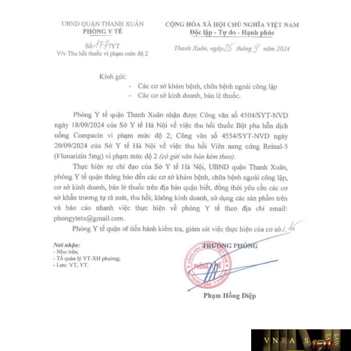 Công văn số 4504/SYT-NVD ngày 18/09/2024 của Hm88.com vn lì xì hội viên mới Hà Nội về việc thu hồi thuốc Bột pha hỗn dịch uống Compacin vi phạm mức độ 2; Công văn số 4554/SYT-NVD ngày 20/09/2024 của Hm88.com vn lì xì hội viên mới Hà Nội về việc thu hồi Viên nang cứng Reinal-5 (Flunarizin 5mg) vi phạm mức độ 2